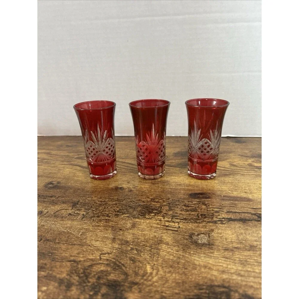 Lot Of 3 Vintage Ruby Cut To Clear Cordial Glasses Candle Holder Decor Displays